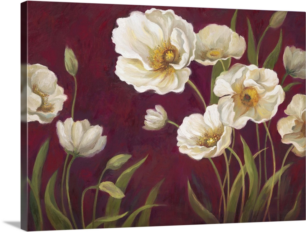 Home decor artwork of white poppies against a deep red background.