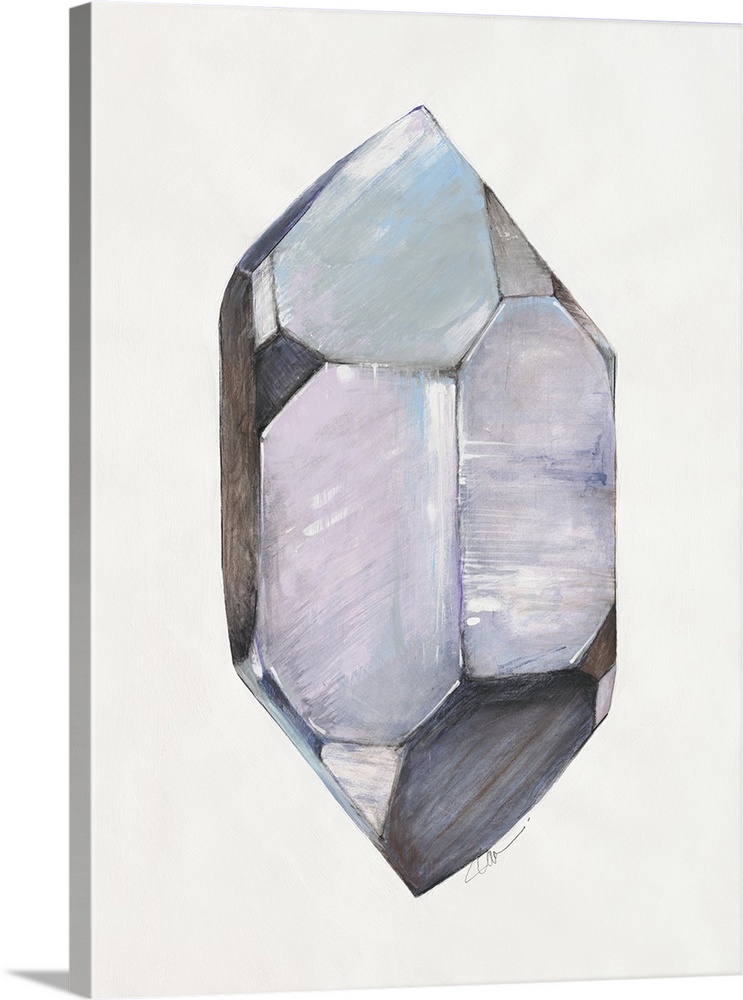 Abstract artwork of a faceted crystal shape in cool grey tones.