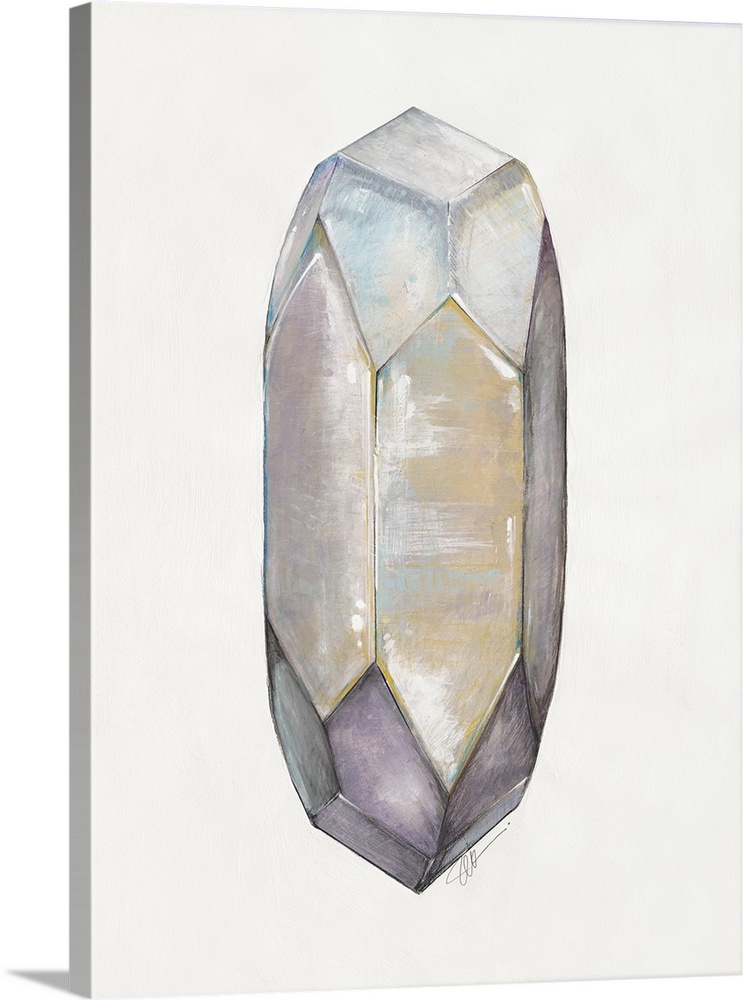 Abstract artwork of a faceted crystal shape in warm grey tones.