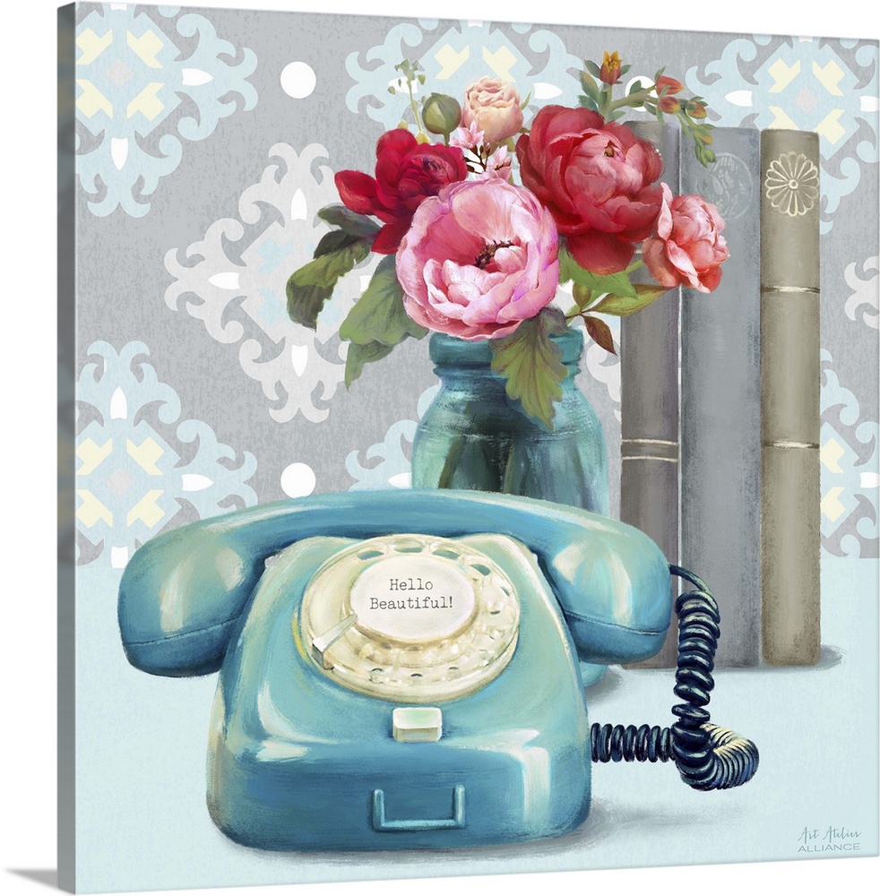 Contemporary vibrant home decor artwork with a teal telephone and a bouquet of colorful flowers in a mason jar.