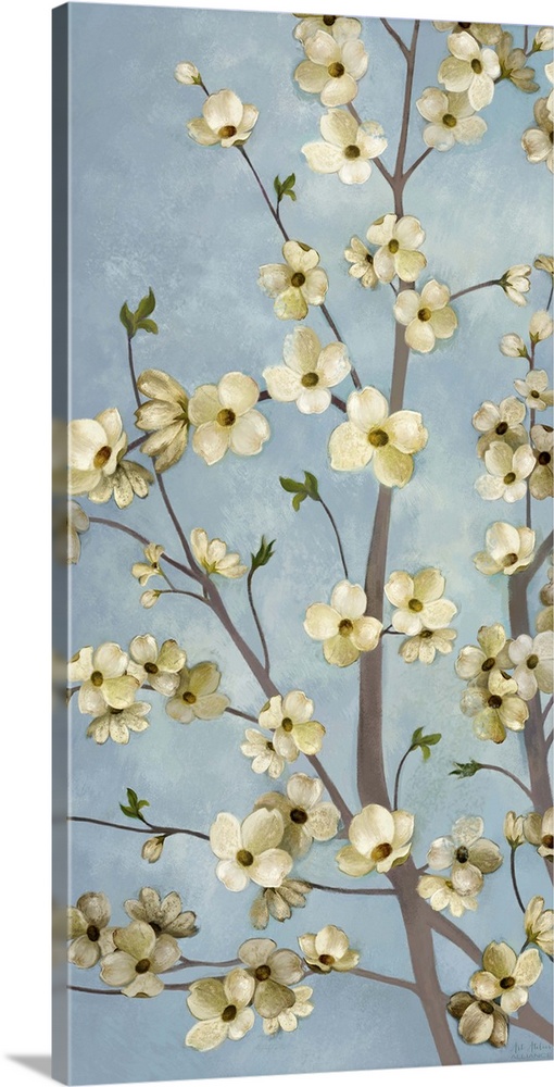 Home decor artwork of a little yellow flowers on a dogwood tree.