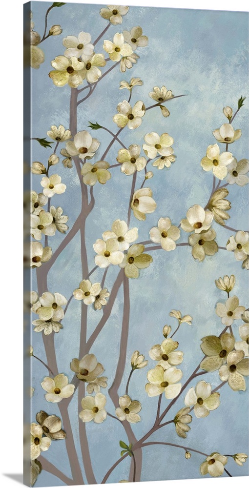 Home decor artwork of a little yellow flowers on a dogwood tree.