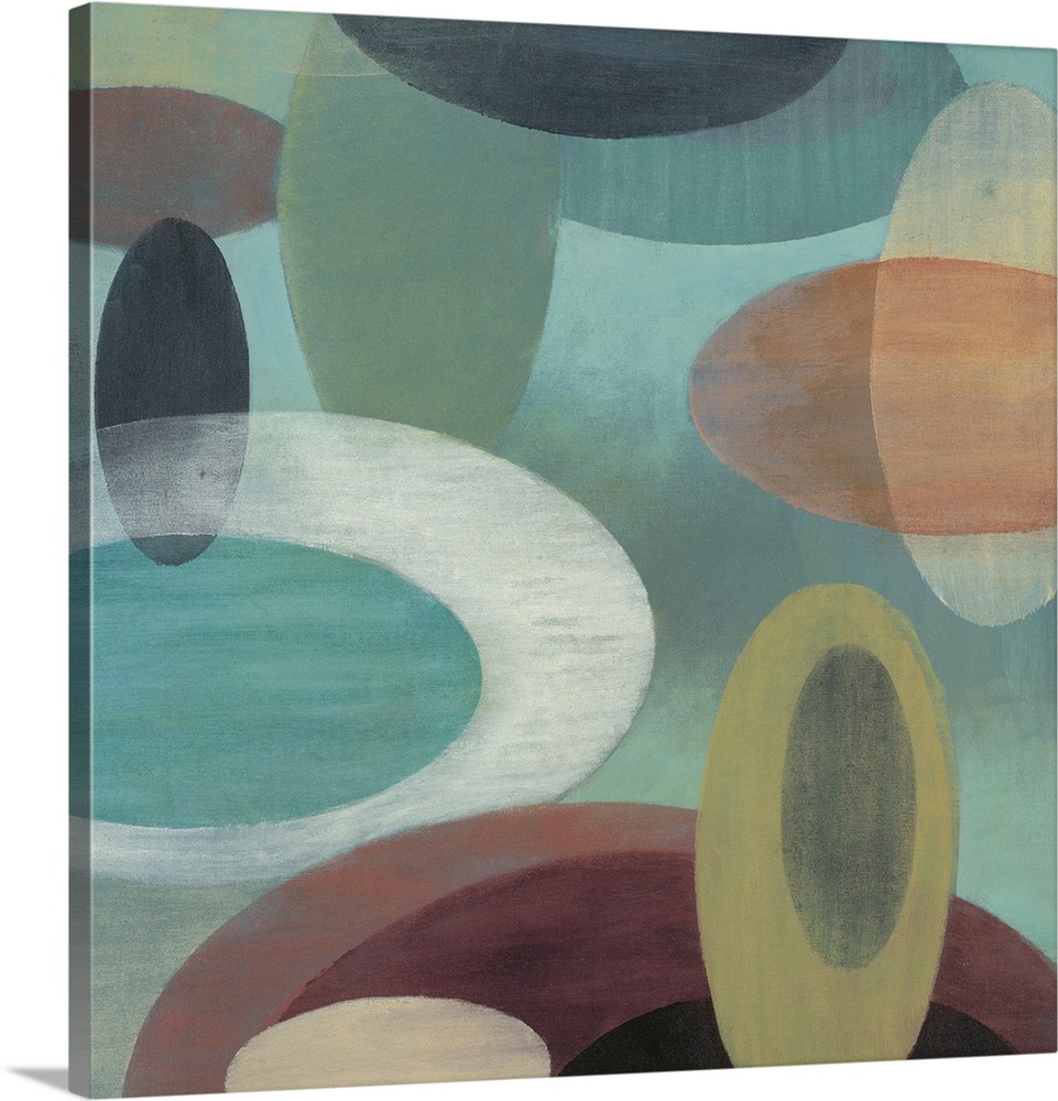 Contemporary abstract painting of organic shapes in pale colors hovering around each other over a multi-colored surface.
