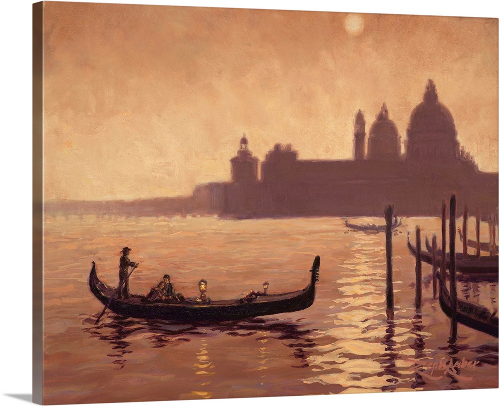 Contemporary painting of a couple in a loving embrace in a gondola riding along a Venetian canal.