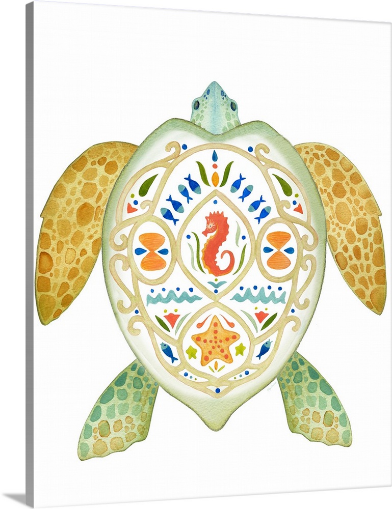 Watercolor painting of a sea turtle with beautiful designs on its sell.