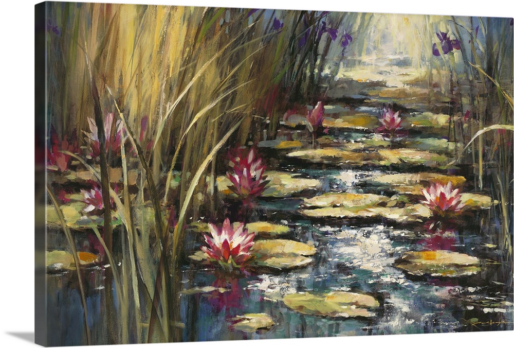 Contemporary painting of pond with colorful waterlilies sitting on top of lily pads.