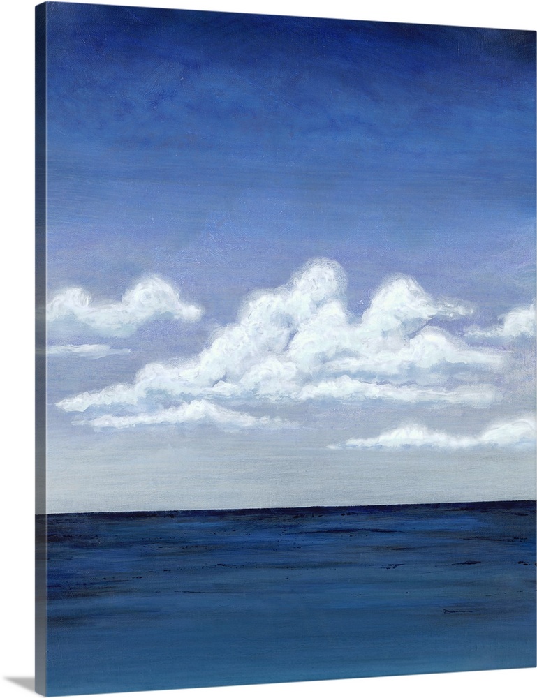 Contemporary decor art of a seascape under puffy clouds.