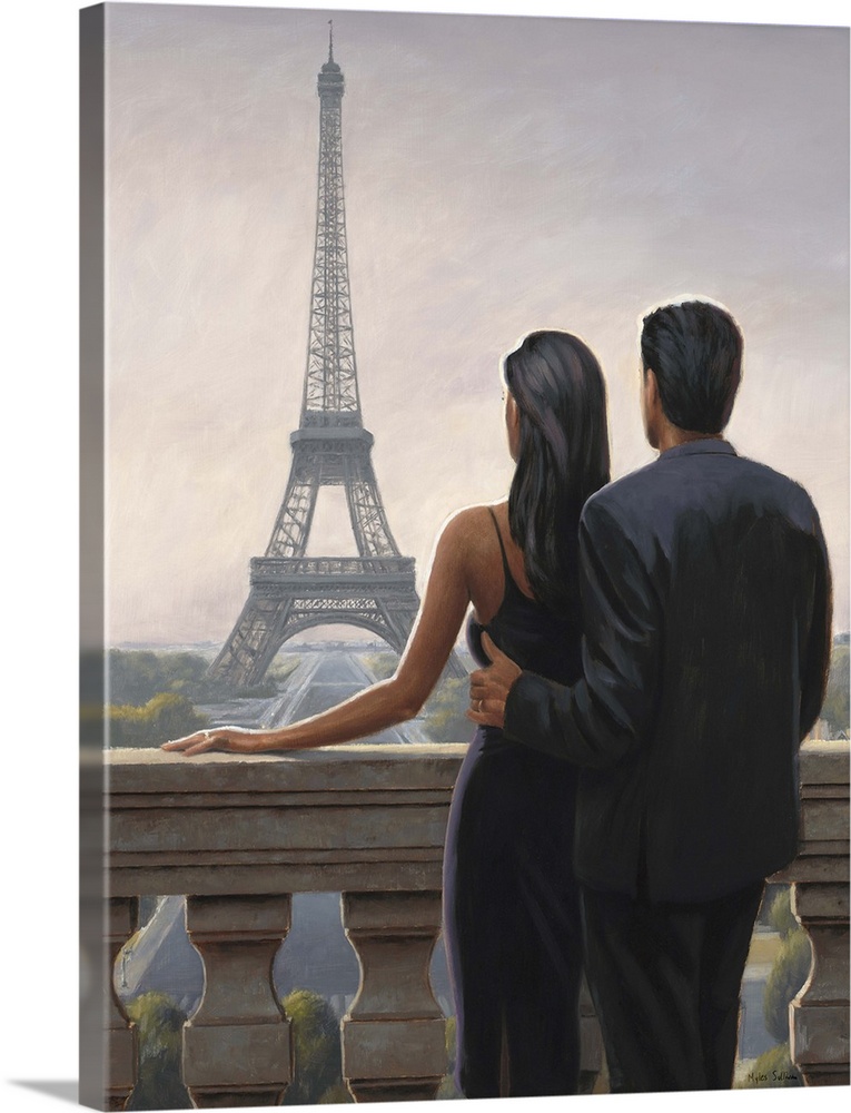 Contemporary painting of a man and woman in fancy dress on a balcony with the Eiffel Tower in the distance.