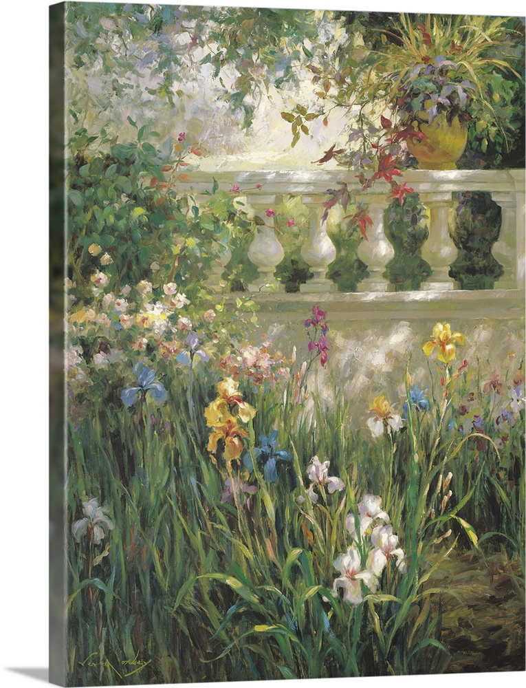 Peaceful painting of irises in a garden in the shade.