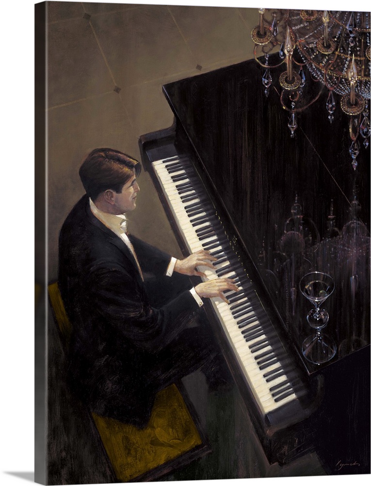 Contemporary painting of a man playing a piano, with chandelier over head.