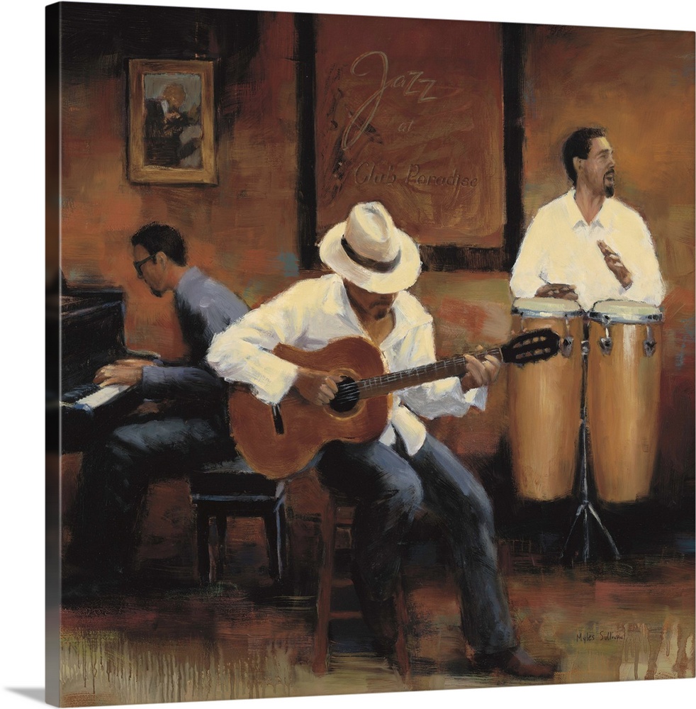 Contemporary painting of a group of jazz musicians playing the bongos, guitar, and piano.