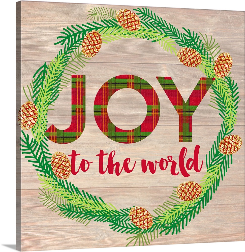 "Joy To The World" written inside of a Winter wreath in blue, green, and gold hues on a faux wood background.