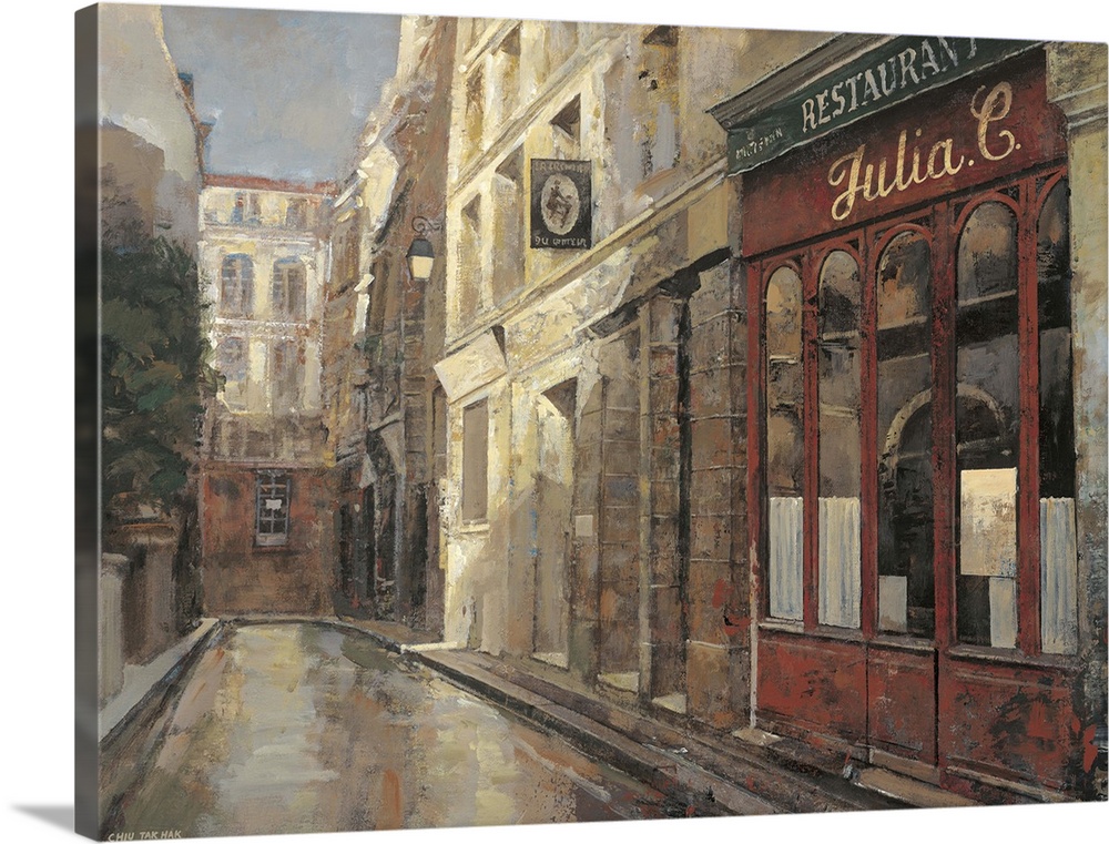 Contemporary painting of a restaurant storefront downtown in a city.