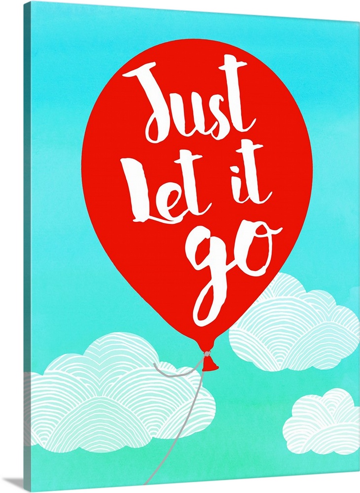 Illustration of a red balloon with "Just Let It Go" written on it, floating with the clouds.