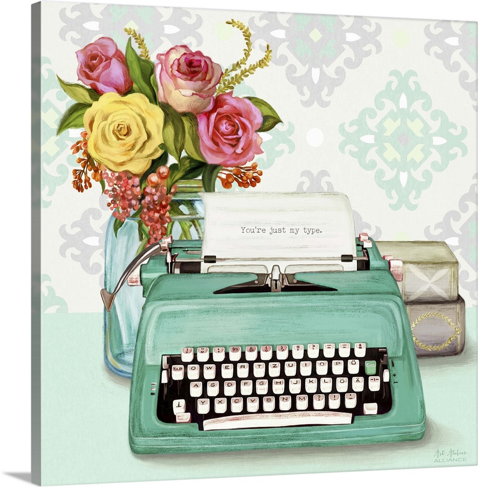 Contemporary vibrant home decor artwork with a teal typewriter and a bouquet of colorful flowers in a mason jar.