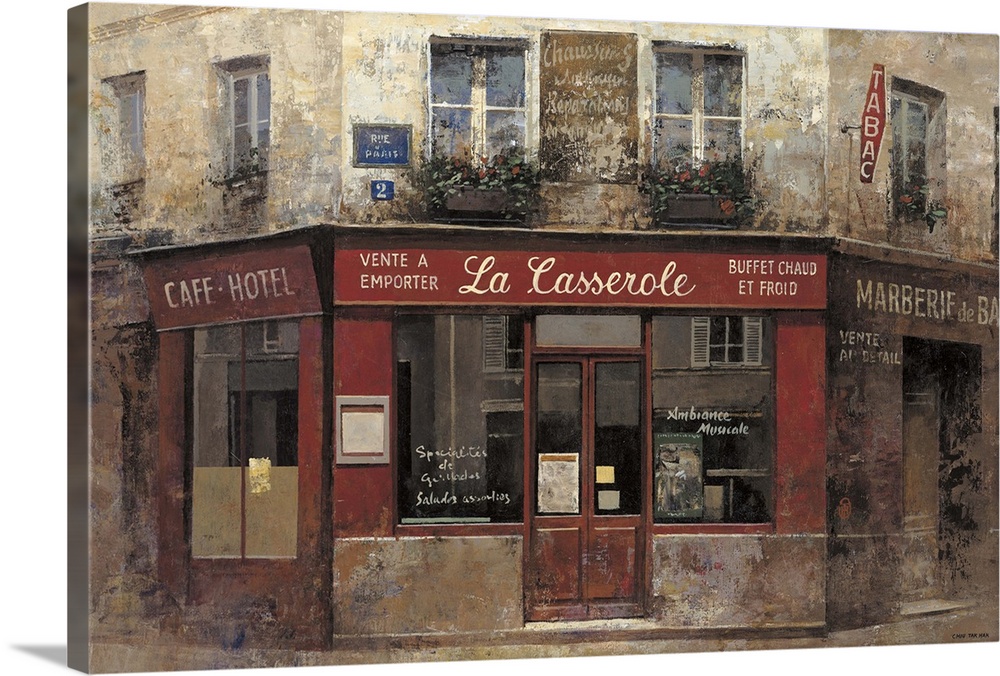 Contemporary painting of a restaurant storefront downtown in a city.
