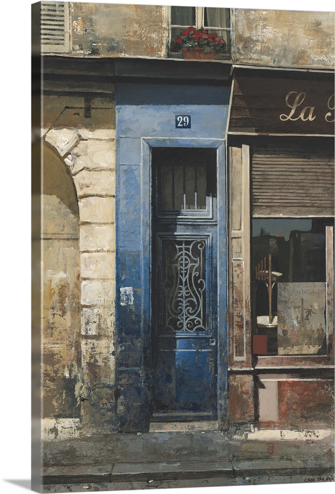Contemporary painting of a storefront and blue door downtown in a city.