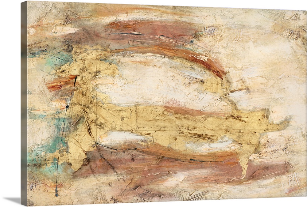 Abstract artwork in sweeping golden and copper tones.
