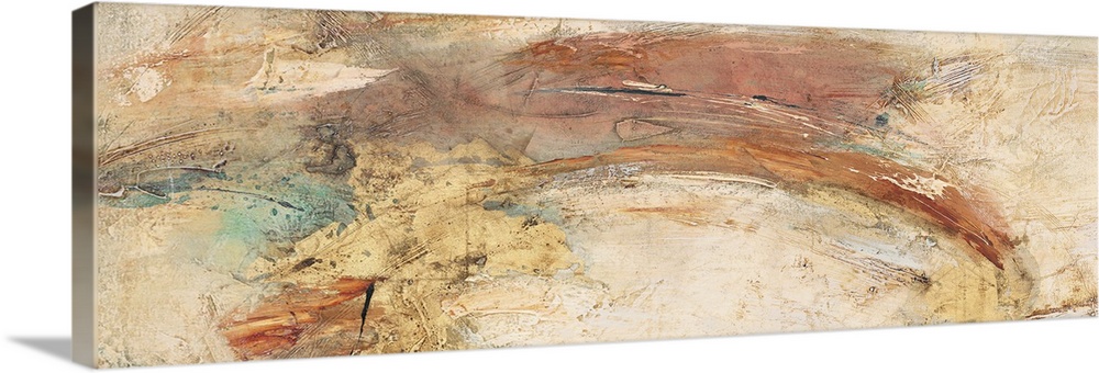 Abstract artwork in sweeping golden and copper tones.