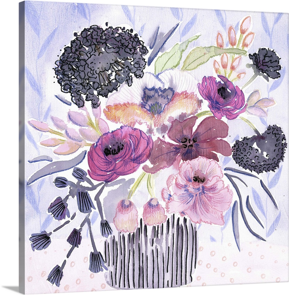 Watercolor art print of a bouquet of purple and lavender flowers in a striped vase.