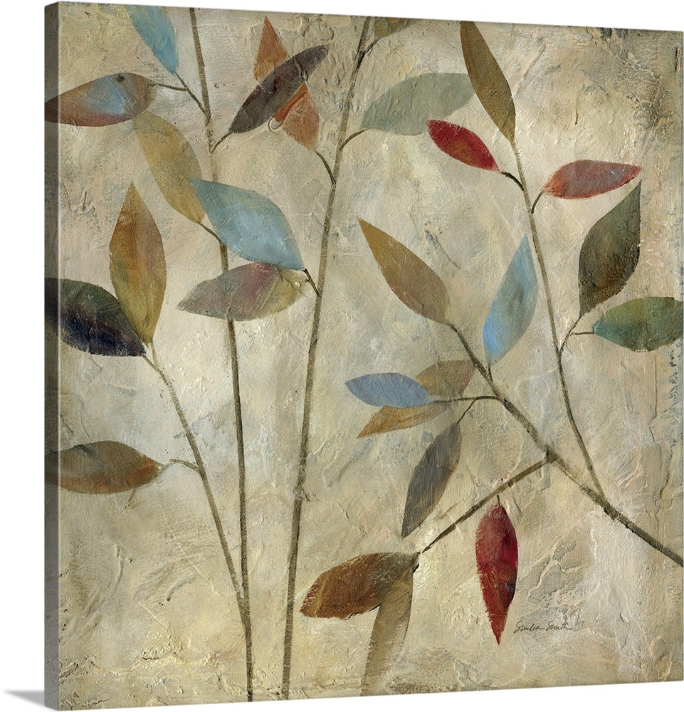 Painting of thin branches with different colored leaves in muted colors.