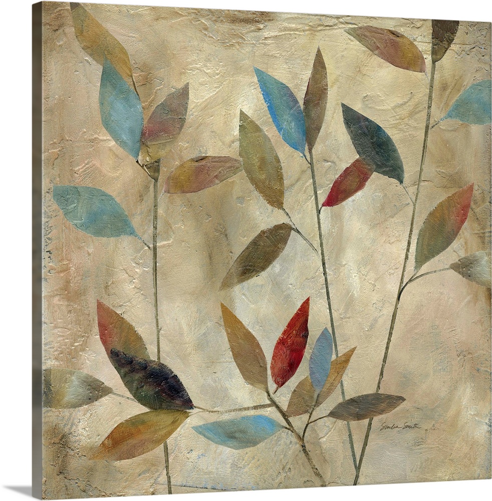 Painting of thin branches with different colored leaves in muted colors.