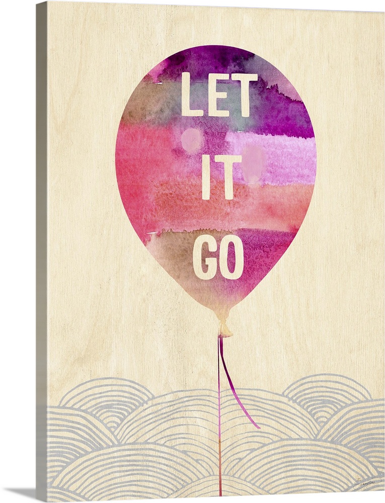 Contemporary watercolor painting of a pink balloon with text in it.