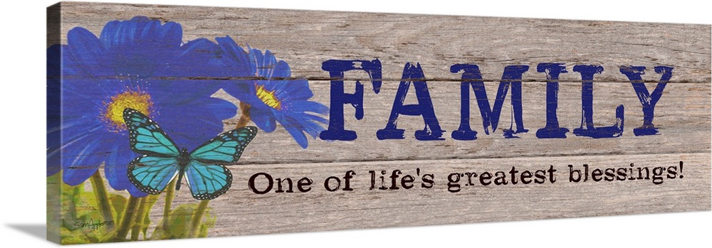 Contemporary family art using flowers and typography on a rustic looking wooden surface.