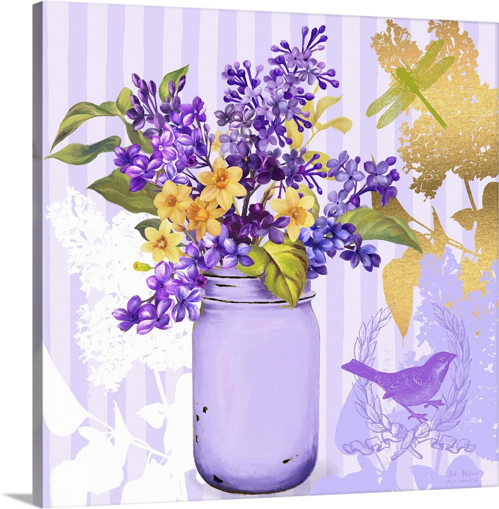Contemporary home decor artwork of a vibrant purple flowers in a light purple mason jar against a light purple  patterned ...