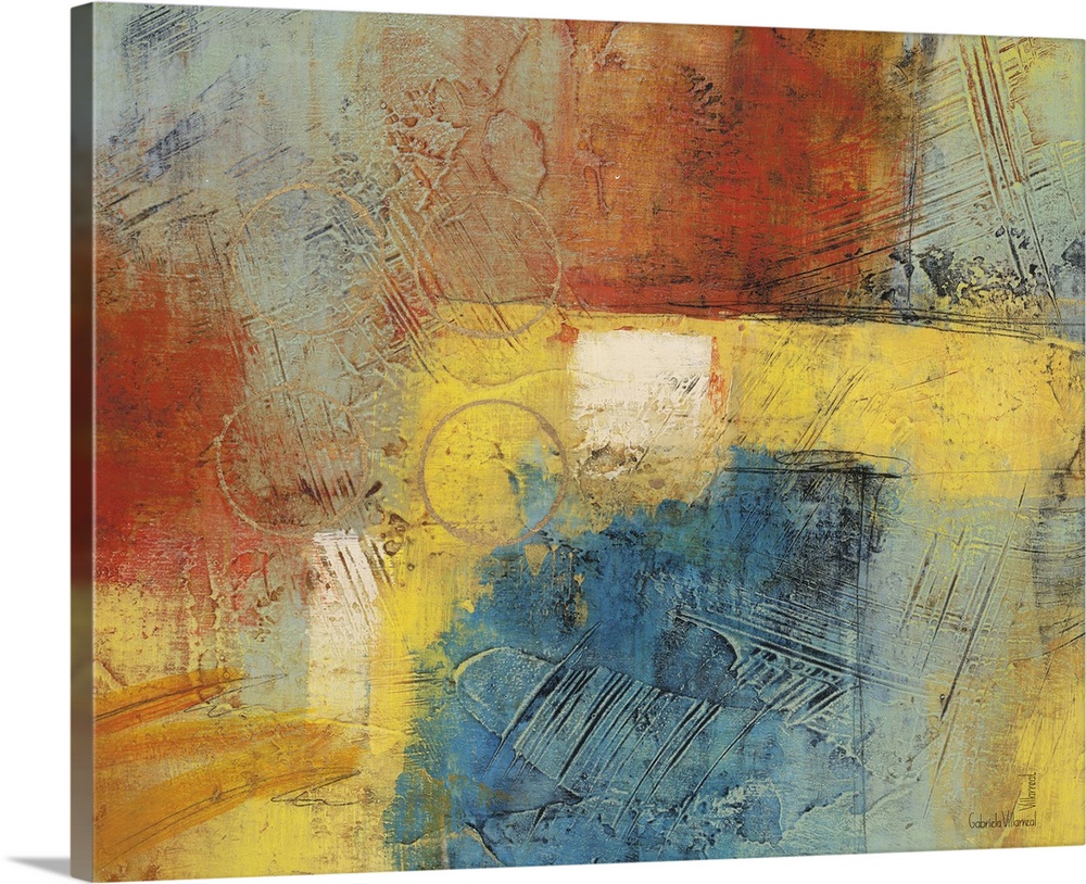 Contemporary abstract artwork using warm and cool tones thrown together in a mix of color.
