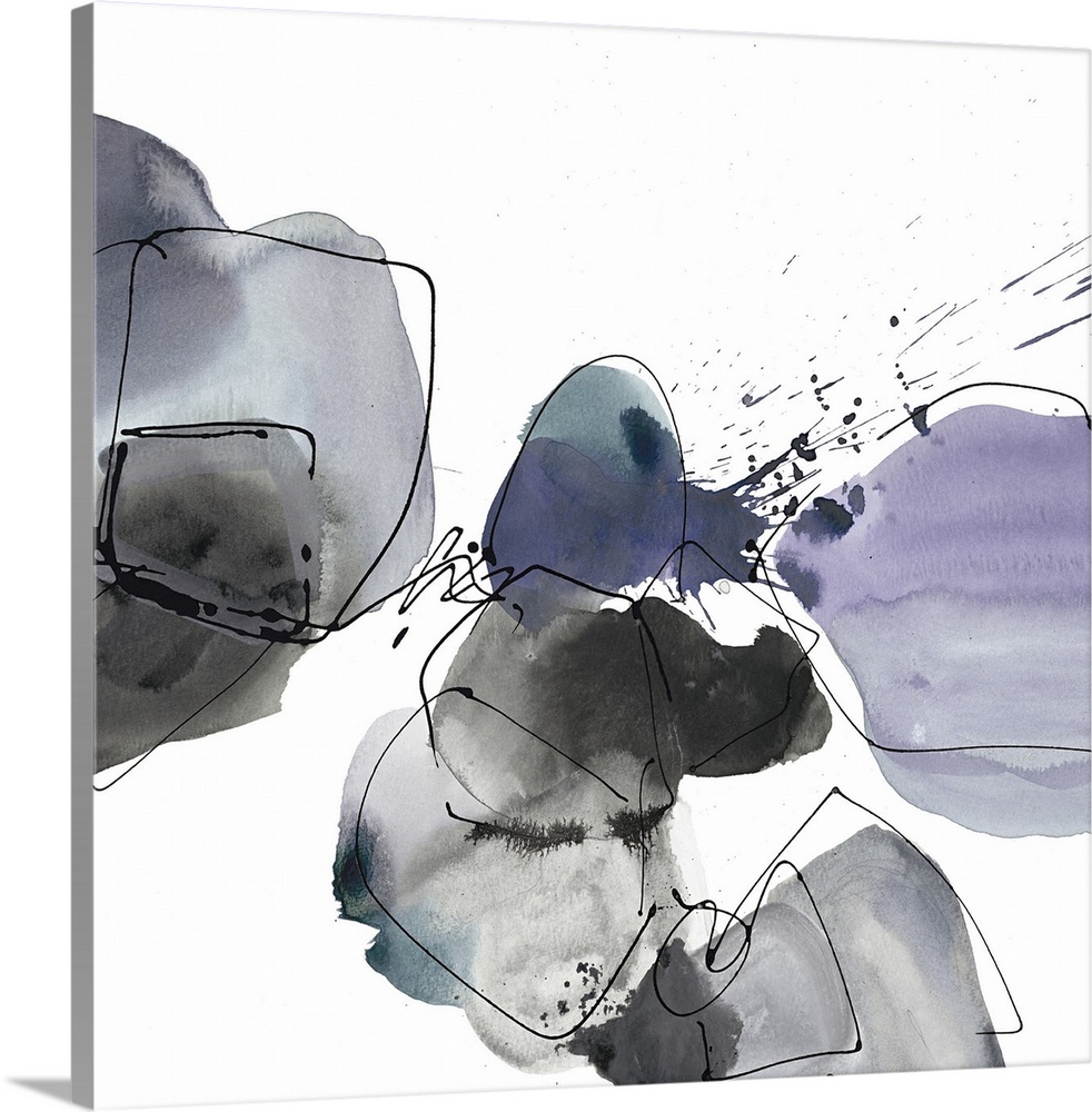 Contemporary abstract painting of organic grey and lavender shapes with black outlines on white.