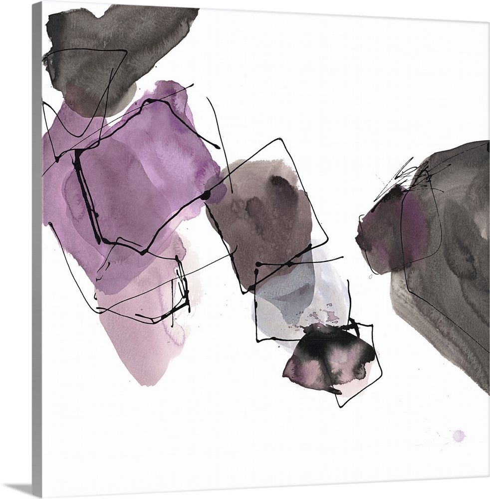Contemporary abstract painting of organic grey and pink shapes with black outlines on white.
