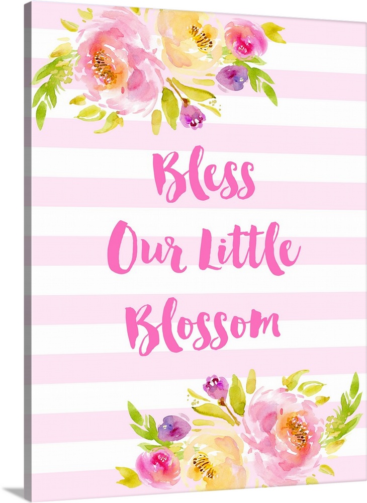 "God Bless Our Little Blossom" in pink and white with illustrated flowers.
