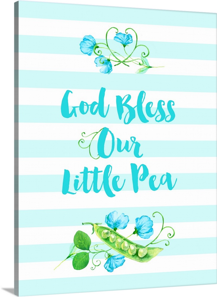"God Bless Our Little Pea" in blue, white, and green
