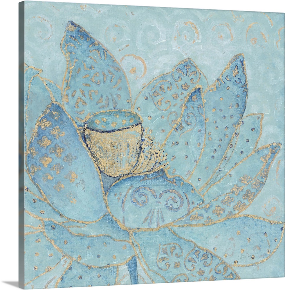 Illustration of a blue lotus flower with golden details.
