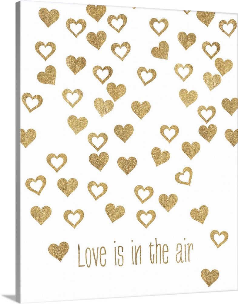 Gold lettering and floating heart shapes against a white background.