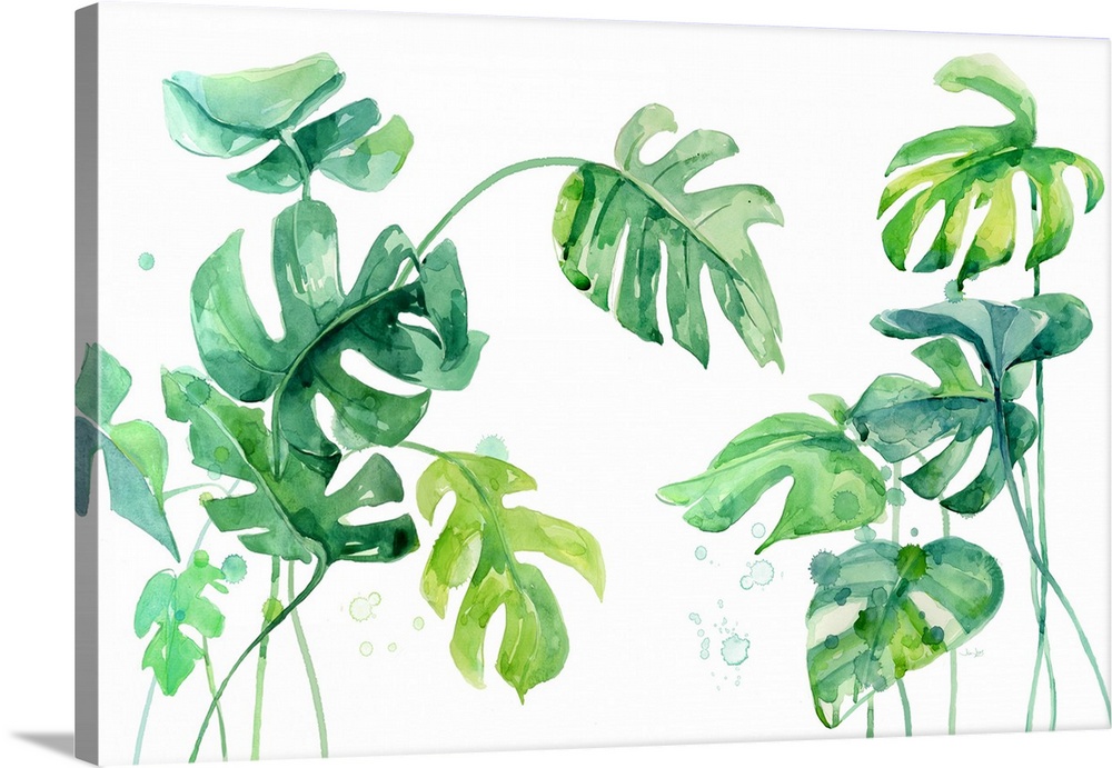 Large painting of tropical palm leaves in shades of green and blue on a white background.