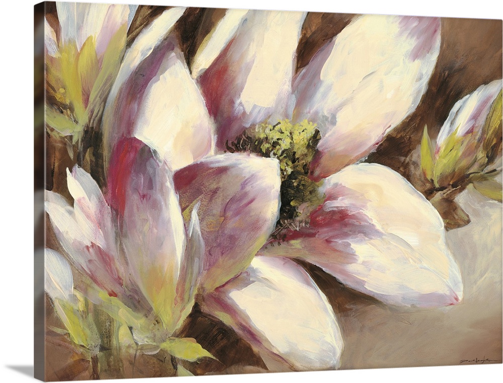 Contemporary painting of a pink magnolia flower.