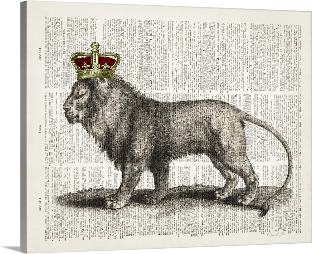 Vintage illustration of a lion wearing a crown on a dictionary page.