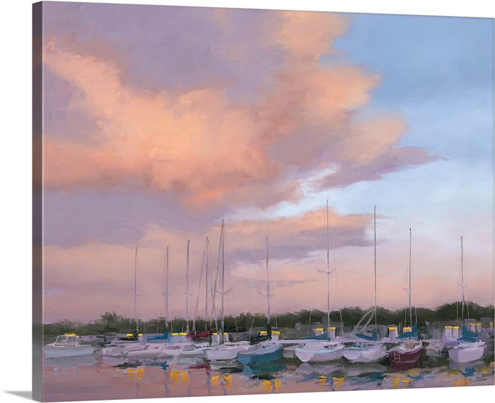 Contemporary painting of boats in a harbor in low light at sunset.
