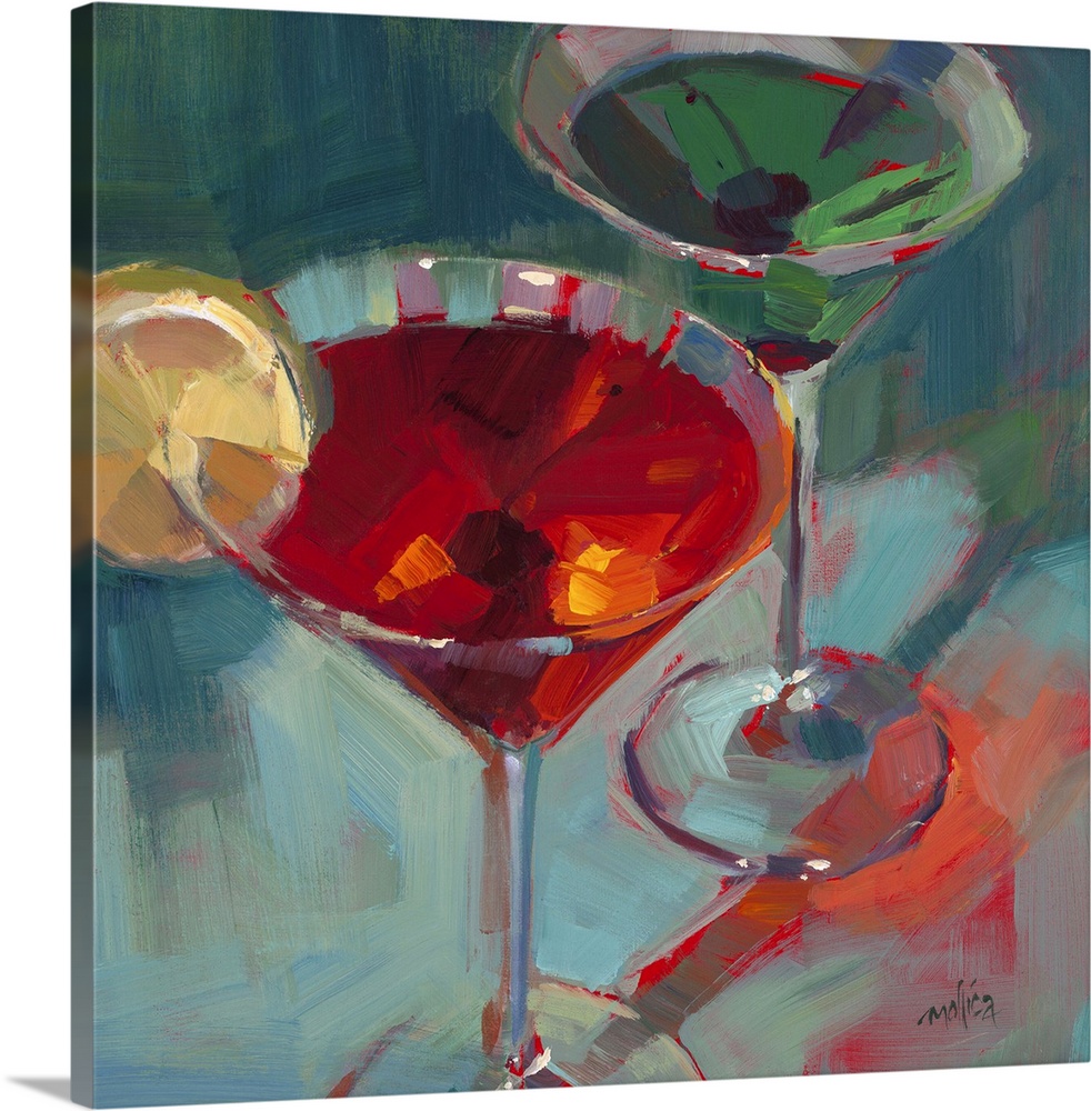 Contemporary painting of colorful cocktails against a dark blue background.