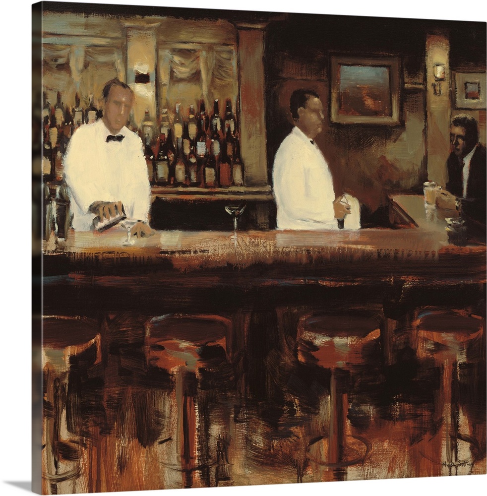 Contemporary painting of two bartenders serving martinis to a bar patron.