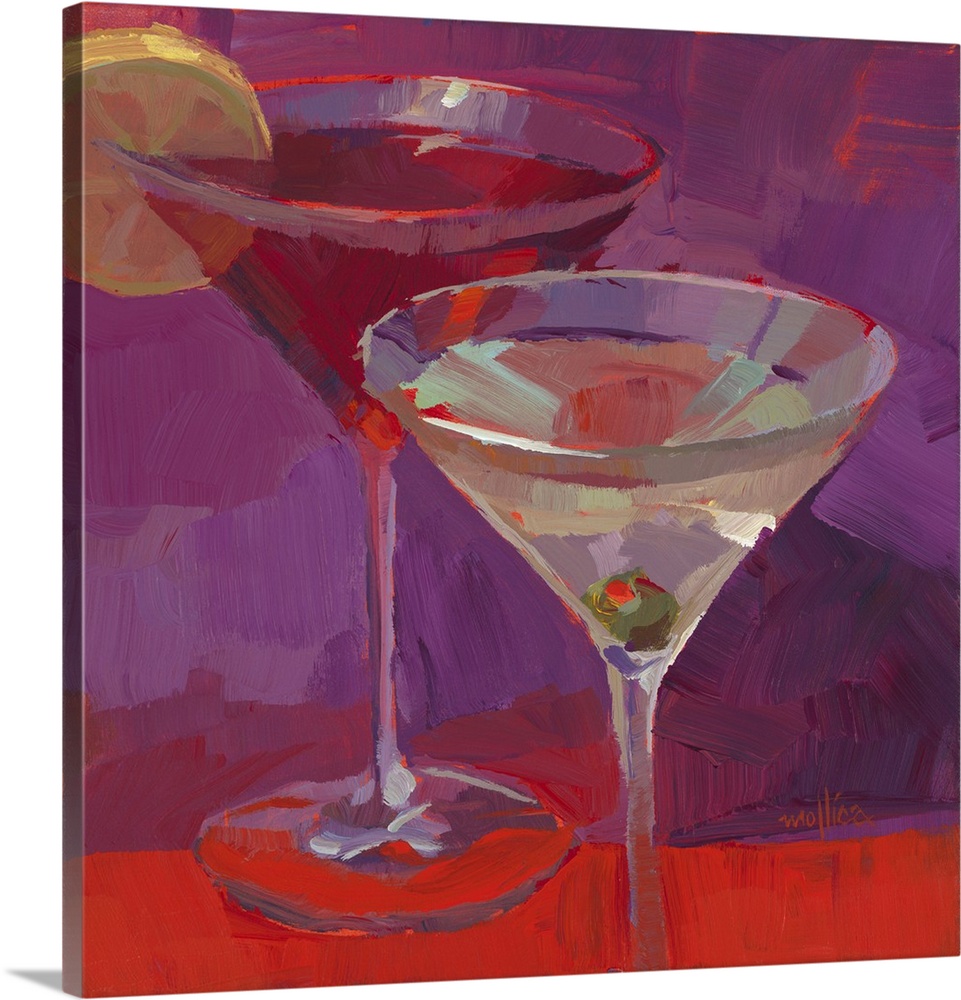 Contemporary painting of colorful cocktails against a dark purple and red background.
