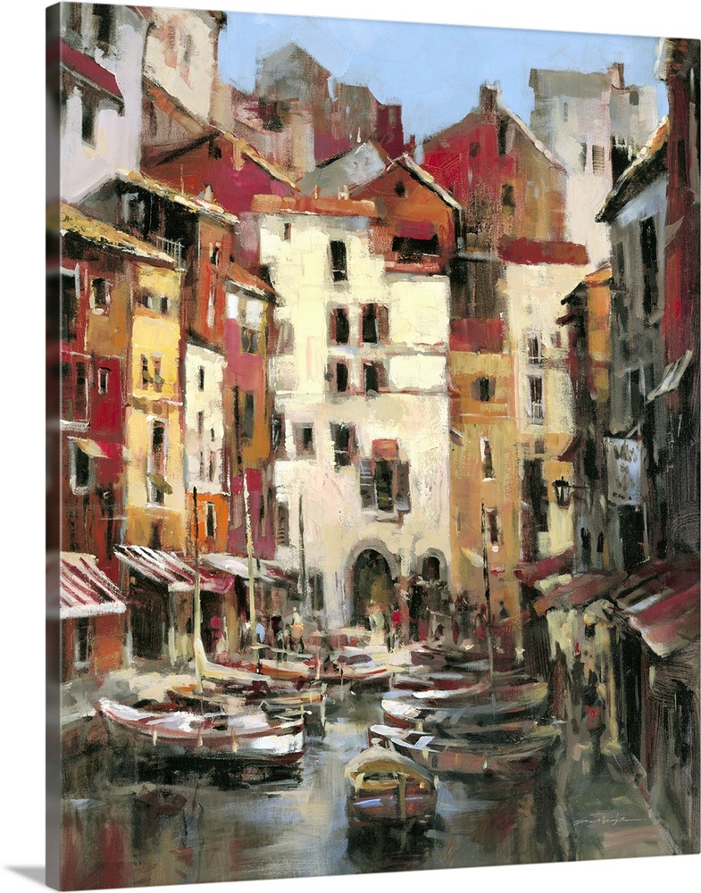 Contemporary painting of a village corridor harbor with docked boats.