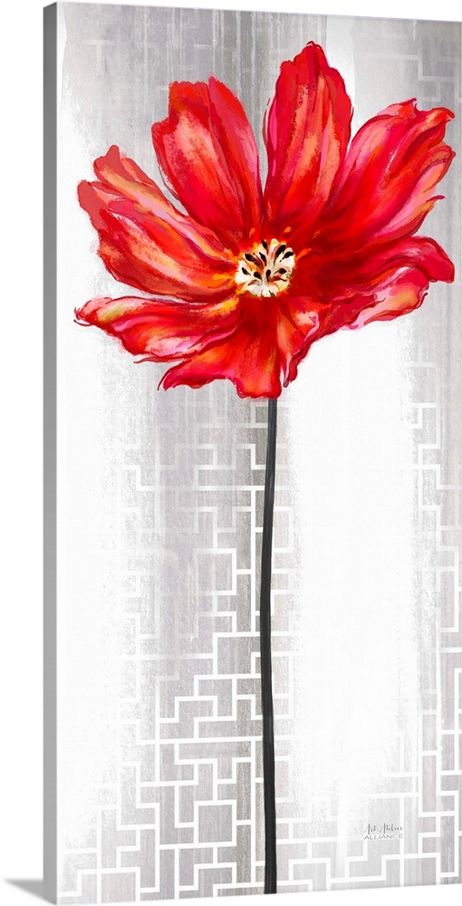 Contemporary home decor art of a red flower against a silver patterned background.