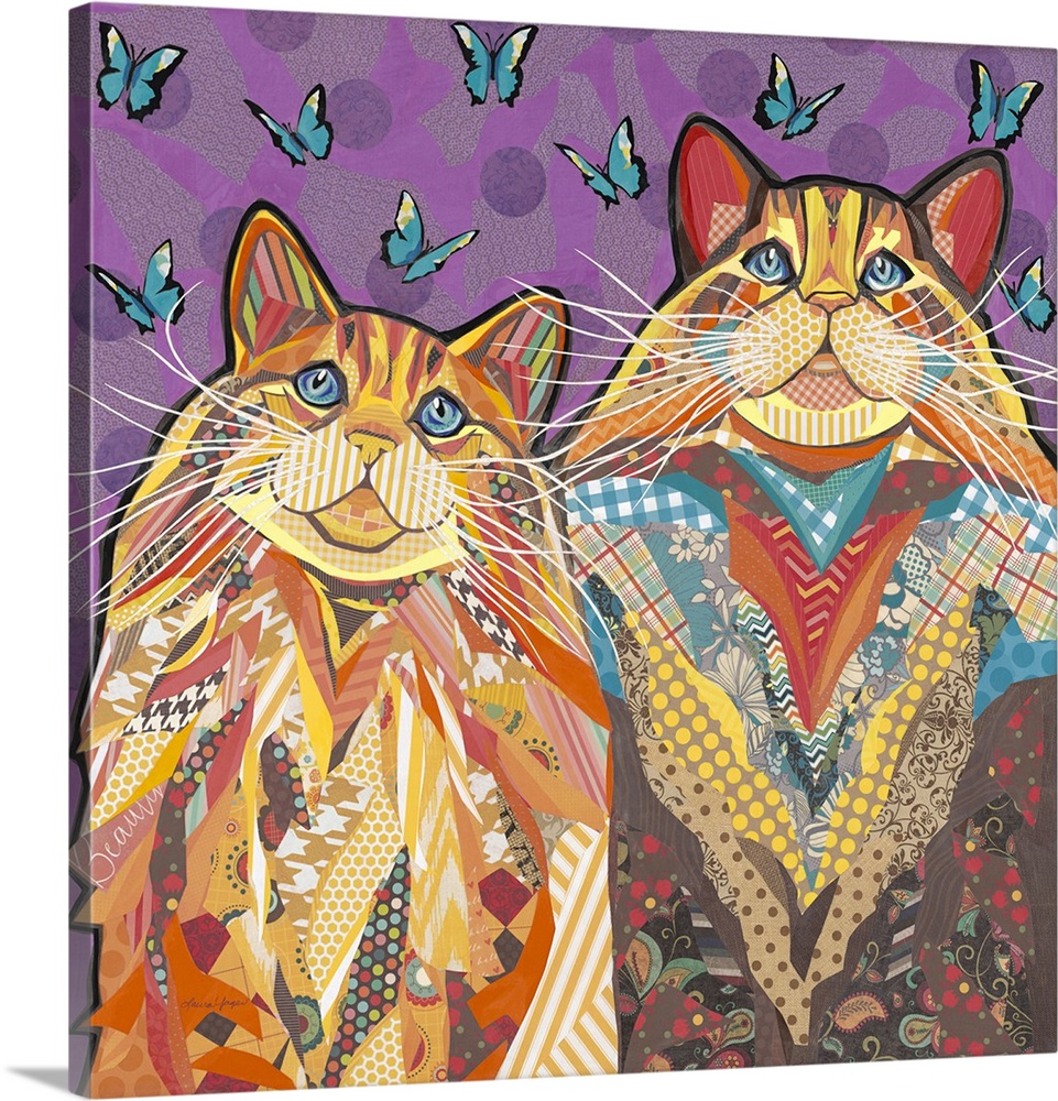 Colorful collage artwork of two cats with long whiskers.