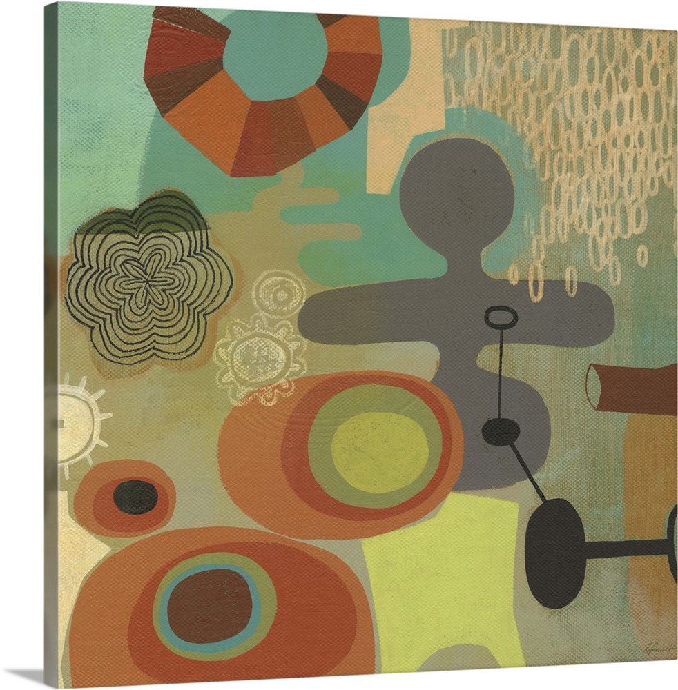 Contemporary painting with a retro feel of colorful shapes and patterns.