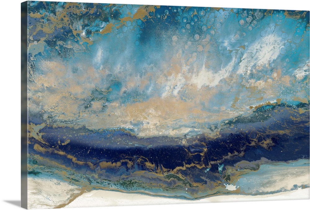 Contemporary abstract artwork in blue and gold, resembling a seascape.