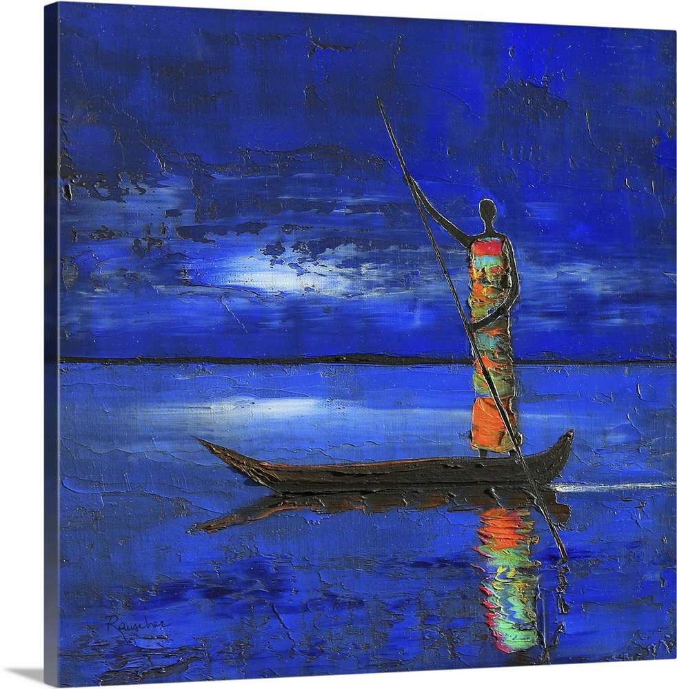 Contemporary African art of a female figure standing at the end of a boat casting a reflection in the water.