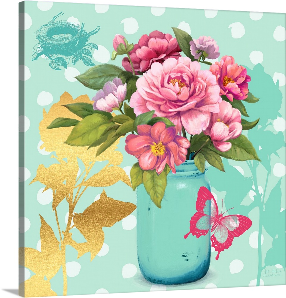 Contemporary home decor artwork of a vibrant pink flowers in a light blue mason jar against a light blue polka dot backgro...
